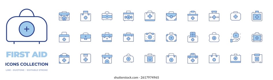 First aid icons collection. Line Duotone style, editable stroke. aid kit, first aid box, first aid cross.