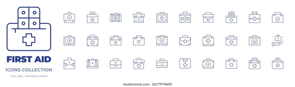 First aid icons collection. Thin Line icons, editable stroke. bag, medical kit, animal aid, first aid kit, first aid box.