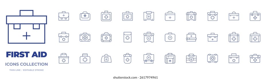 Erste Hilfe Icons Sammlung. Symbole für dünne Linien, editierbarer Strich. medizinische Ausrüstung, Erste-Hilfe-Box, Erste-Hilfe.