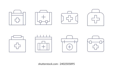 Symbole der ersten Hilfe. Bearbeitbarer Strich. Mit dem Verbandskasten, Erste Hilfe Kreuz, Erste Hilfe, Apotheke.