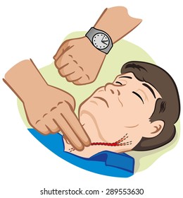 First Aid illustration person measuring pulse through the carotid artery with clock. Ideal for catalogs, informative and medical guides