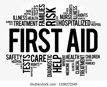 First Aid is the first and immediate assistance given to any person suffering from either a minor or serious illness or injury, word cloud concept with marker