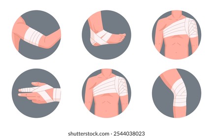 Infográfico de primeiros socorros. Cartoon partes do corpo lesão tratamento médico, pulso, joelho e cotovelo métodos de primeiros socorros conjunto de ilustração vetor plano. Cartaz curativo de ataduras