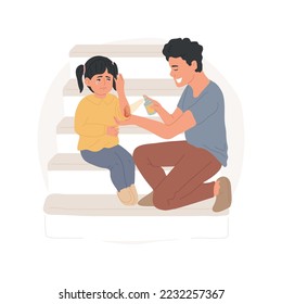 First aid isolated cartoon vector illustration. An adult treats childs wound, puts bandage on an abrasion, scratched elbows, family first aid, taking care of injured toddler vector cartoon.