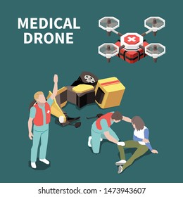 First aid isometric composition with injured woman medical drone and doctors 3d, vector illustration