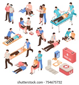 First Aid Isometric Set With People During Help Victim Persons, Emergency Care Kit Isolated Vector Illustration