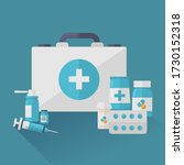 First aid kid suitcase with pills and medical supplies flat illustration. Vector.
