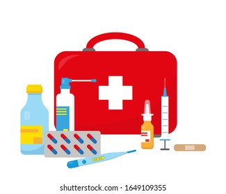 First aid kid suitcase and pills, thermometer, syringe and other medication. Vector illustration on white background.