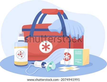 First aid kit 2D vector isolated illustration. Paramedic bag. Doctor supplies. Medical help equipment flat composition on cartoon background. Emergency situation assistance tools colourful scene