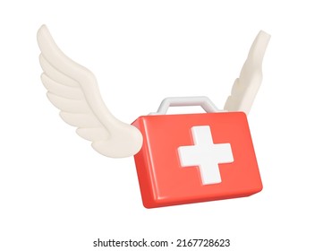 First Aid Kit 3d Icon. Medical Kit With Wings. Help Flies On The Wings. Isolated Object On A Transparent Background