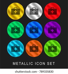 First aid kit 9 color metallic chromium icon or logo set including gold and silver