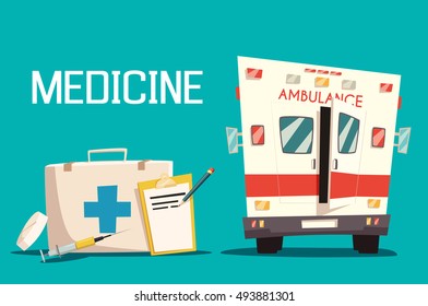 First aid kit and ambulance car, syringe and pill. Emergency medical service for patient and diagnosis sheet of paper. Good for hospital and clinic, paramedic assistance theme