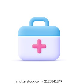 First aid kit, ambulance emergency box, medical help suitcase. Healthcare, emergency concept. 3d vector icon. Cartoon minimal style.
