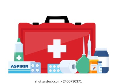 First Aid Kit for ambulance emergency, vehicle, office, travel. Medical help items. Plasters, pills, bandage, aspirin, thermometer. Elements for medical infographics. Vector illustration