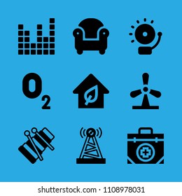 first aid kit, antenna, armchair, windmill, oxygen, eco house, alarm, xylophone and sound bars vector icon. Simple icons set