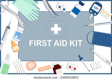 first aid kit background with medical equipments.medical supplies,syringes,bandages,medicine,digital thermometers,adhesive tape,forceps,tweezers,scissors surgical masks,gloves.Vector illustration.