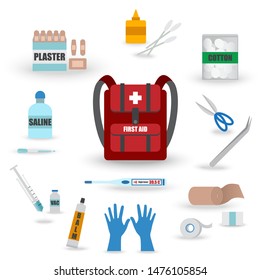 First Aid Kit in Backpack for Emergency Accident such as Latex Gloves,Plaster,Syringe,Vaccine,Thermometer,Gauze,Elastic Bandage,Saline,Balm,Tweezers,Cotton - Vector EPS10