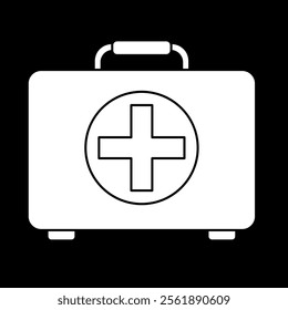 First aid kit bag icon vector illustration, emergency medicine box clip art, medical briefcase clipart image, white on black background 