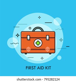 First aid kit or bag with medicines. Concept of emergency medical or ambulance service, clinical help, health care, treatment. Colorful vector illustration in thin line style for banner, poster.