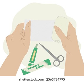 First aid kit. Bandage. Medicines for treating diseases. Vector illustration.