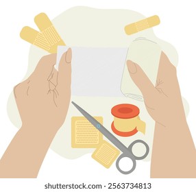 First aid kit. Bandage. Bandage, plaster. Medicines for treating diseases. Vector illustration.