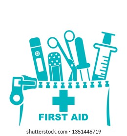First aid kit black icon, silhouette. Medical equipment and medications. Healthcare concept. Vector illustration flat design. Emergency template banner. Help in colds. Syringe pill pipette and plaster