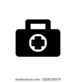 Icono negro del kit de primeros auxilios en estilo plano. Ilustración vectorial de salud, ayuda y diagnóstico médico sobre fondo blanco aislado. Concepto de negocio de bolsos de doctor.