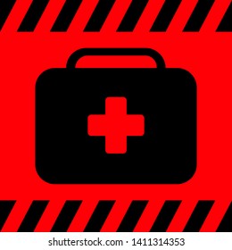 First aid kit black on red background, vector illustration for design.
