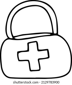 First aid kit. Black and white vector illustration, hand-drawn. Isolated object on a white background. Clipart, template, sketch.