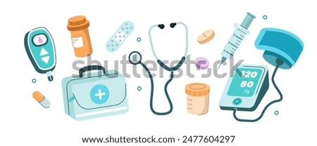 First aid kit, blood pressure monitor, glucometer and other medical equipment to use at home. Healthcare and medicine set. Vector illustration.
