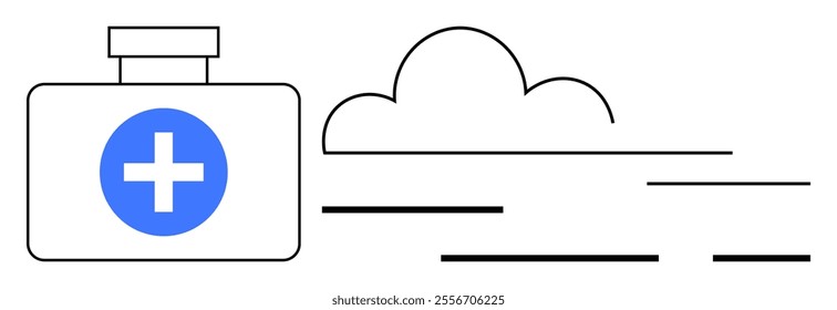 First aid kit with a blue medical cross next to an abstract cloud in a minimalist style. Ideal for healthcare medical emergency cloud computing first aid education and safety. Modern clean abstract