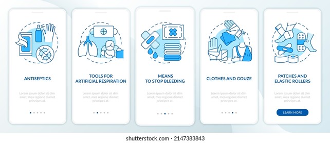 Blue Onboarding Mobile App-Bildschirm mit dem First-Aid-Kit. Überleben bei der Kriegshandlung 5 Schritte grafische Anleitungen Seiten mit linearen Konzepten. UI, UX, GUI-Vorlage. Myriad Pro-kühne, Standardschriftarten verwendet