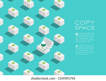 First aid kit box 3D isometric pattern, Rescue antibiotic concept poster and banner horizontal design illustration isolated on green background with copy space, vector eps 10