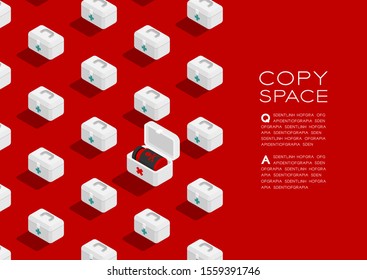 First aid kit box 3D isometric pattern, Rescue antibiotic dangerous concept poster and banner horizontal design illustration isolated on red background with copy space, vector eps 10