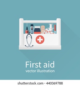 First aid kit box concept medical equipment and medications. Healthcare. Vector illustration flat design. Emergency template banner.