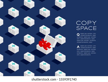 First aid kit box with Currency sign dollar, pound, euro, and yen or yuan 3D isometric pattern, Life or money concept poster and banner horizontal illustration on blue background with space, vector