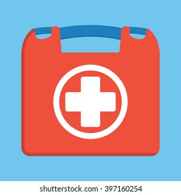 First aid kit box flat object. Medicine chest with cross and medical equipment. Medications for emergency. Healthcare flat vector illustration