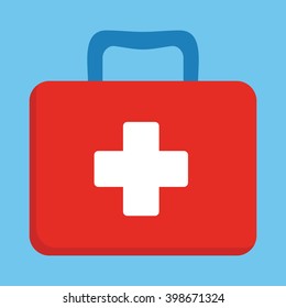 First aid kit box flat object. Medicine chest with cross and medical equipment. Medications for emergency. Healthcare flat vector illustration