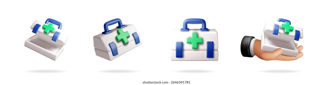 Botiquín de primeros auxilios con cruz verde y una mano sujetándola. Concepto de atención médica y tratamiento de urgencia para el Web.