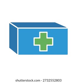 First Aid Kit Box with Green Cross Icon on Blue Background
