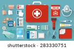 First aid kit box with medical equipment and medications for emergency, objects top view
