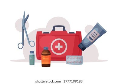 First Aid Kit Box with Medical Equipment and Medications for Emergency Service, Healthcare, Hospital and Diagnostic Flat Vector Illustration