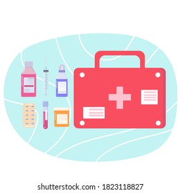 First aid kit box with medical pills, syringe and healthcare equipment and different medicine. Vector illustration in flat style. Isolated on white background.