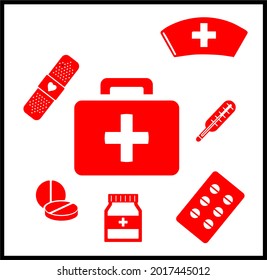 First aid kit box with medical equipment and medications for emergenc.  First aid vector.