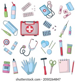 First Aid Kit Box With Medical Equipment And Medicines For Emergency Care, Top View. A Set Of First Aid Icons On A White Background Vector Illustration.