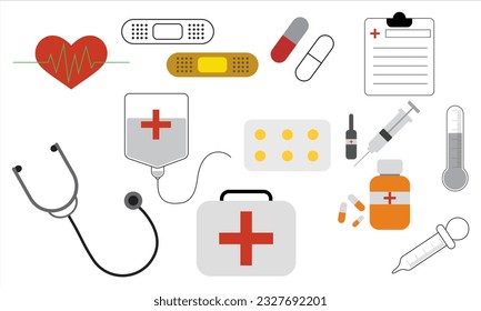 First aid kit box with medical equipment. Bandage, medicine, syringe, thermometer, plaster, stethoscope, medications for emergency.