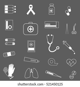 First aid kit box with medical equipment and medications for emergency, objects top view. World AIDS day.  AIDS ribbon. Medical Icons