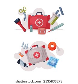 First Aid Kit Box with Medication for Medical Care Vector Set