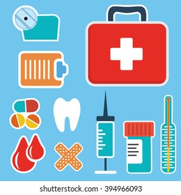 First aid kit box. Medicine chest with cross and medical equipment. Medications for emergency. Healthcare flat vector illustration