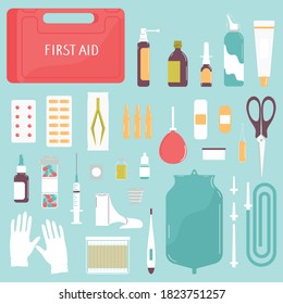 First aid kit box with medicines and equipment. Medicine chest. Set isolated on blue background. Vector illustration in flat style.
